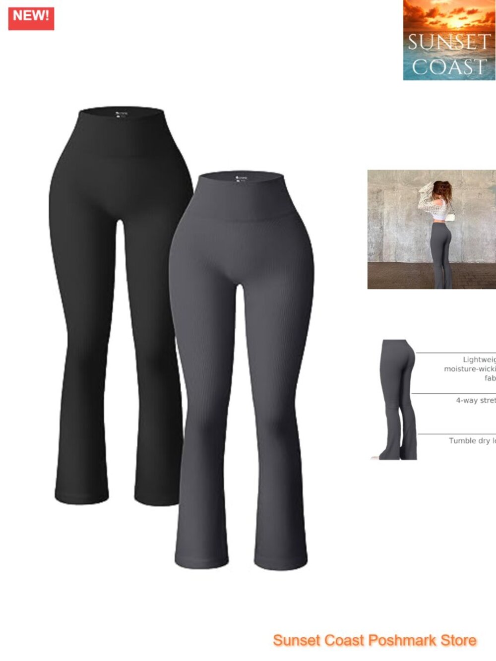 Ribbed Flare Leggings High Rise Tummy Control Yoga Pants Workout Bell Bottoms